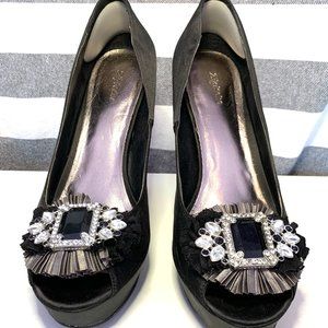 Zigi Soho Black Satin Jewel Peep Toe Heels